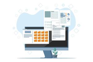 File manager or document storage concept, Laptop files and documents, Email Attachment Files, Online communication, Checking New Emails on Laptop Screen Display. flat illustration on background. vector