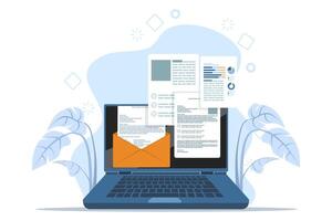 File manager or document storage concept, Laptop files and documents, Email Attachment Files, Online communication, Checking New Emails on Laptop Screen Display. flat illustration on background. vector