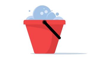 Cleaning equipment concept, water bucket icon, flat cartoon pail or pail with foam and bubbles, brush, foam sponge and soap, flat illustration isolated on background. vector