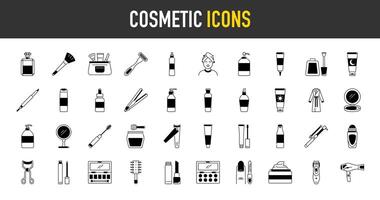 Cosmetic icon set. Such as makeup, perfume, bag, eyelash, mascara, eyeliner, conditioner, hair, treatment, face, cleanser, cream, spray, brush, razor, nail, polish, bathrobe icons illustration. vector