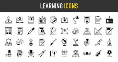 Learning set of web icons in solid style. Education icons for web and mobile app. E-learning, tutorial, knowledge, study, school, university, webinar, online education. illustration vector