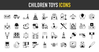 Children toys icons set. Such as baby toy, remote, control, piano, truck, airplane, blocks, car, abacus, balloon, baseball, bubbles, catapult, crayons, dice, drum, duck icon illustration. vector