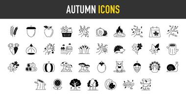 WebSet of autumn icons. Collection of fall related objects, plants and animals, holidays, leaf, fall, celebrations. Seasonal icon. vector