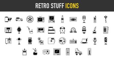 Retro stuff icons set. Such as camera roll, brick phone, lamp, smoking pipe, pc, car, soda bottle, microphone, pager, roller skate, faberge, ink, thermometer, alarm clock, cd illustration. vector