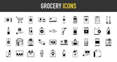 Grocery icons. Images of the departments of the grocery store, sales, geo delivery, consumer basket, dairy and meat products, bread, vegetables, fruits vector