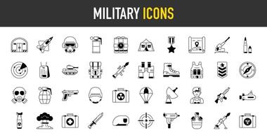war, military, army icons set. Such as equipment, bunker, rifle, helmet, artillery, explosion, tnt, tent, map, smoke grenade, fighter plane, backpack, bomb, bullet, vest icon illustration. vector