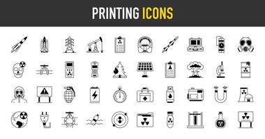 Printing icon set. Such as printer, offset, pos, 3d, box, paper size, sign, cartridges, phone case, pillow, pet feeder, pen tool, newspaper, artboard, bag, billboard, machine icons illustration vector