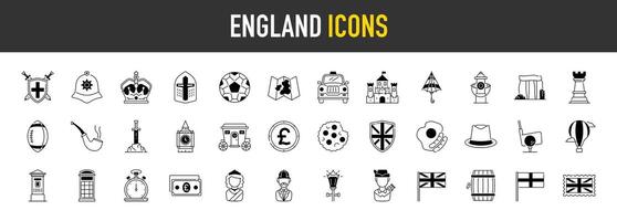 Inglaterra icono colocar. tal como británico libra, unido Reino, Londres, corona, proteger, rugby pelota, sombrero, guerrero, enviar estampilla, mirar, dinero en efectivo, mapa, globo, buzón, barril, Taxi, reina, bandera, moneda, iconos vector