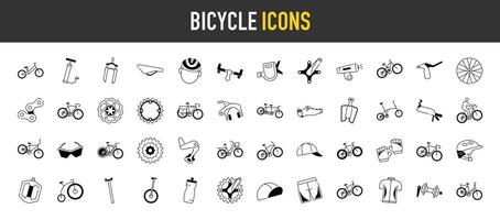 Bicycle and cyclists icons set. Such as ride, wheel, race bike, fork, seat, hub, handlebar, water bottle, gear, lever, helmet, path, delivery man, carrier, suit, lamp, air pump, chain icon vector