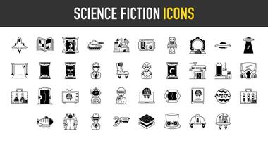 Ciencias ficción icono colocar. tal como cómic, astronave, dimensiones, tanque, muestras, Blog, verde pantalla, teletransportación, película, cicatrización, OVNI, espiar, blaster, extraterrestre, androide icono ilustración. vector