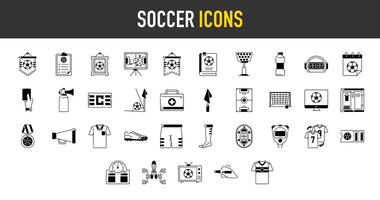 Set of soccer football icons. Such as captain, team flag, card, analyst , air horn, goal post, jersey, medal, megaphone, referee, shoes, stadium, stopwatch, score board icon illustration. vector