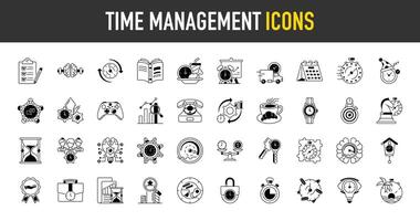 Time management icons. illustration include icon - deadline, stopwatch, hourglass, metronome, calendar, delay, punctuality outline pictogram for work days. vector