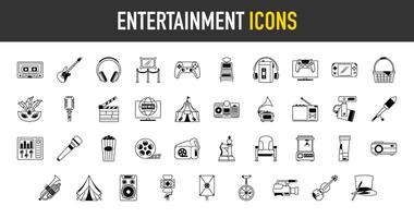 Entertainment icons set. Such as guitar, cinema, microphone, chess, headphones, picnic, basket, television, game, fireworks, radio, music, art, gallery, circus, clapperboard, claw icon. vector