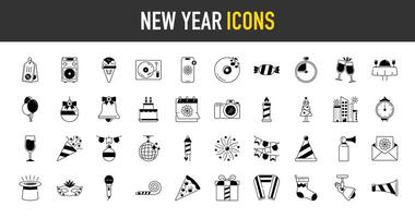 Happy new year icon set. Such as celebrate, celebration, dancing, music, christmas, congrats, calendar, holiday, invitation, price tag, dinner, cheer, cake, cocktail, bell icons illustration vector