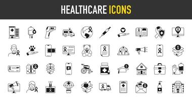 Healthcare icon set. Medical care service symbol collection of hospital, injection, ambulance, temperature gun, first aid box. illustration. vector