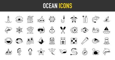 Ocean icons set. Such as lighthouse, clam, rudder, fishing hook, submarine, oars, flippers, seahorse, oxygen tank, sun, oil, starfish, anchor, blowfish, cargo ship, compass icon illustration. vector