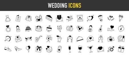 Wedding icon set. Such as ring, gift, gender sign, cake, shoes, glass, wine, couple, perfume, love, chat, romance, dinner and more icons. Premium style illustration. vector