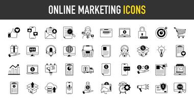 en línea márketing íconos colocar. tal como web desarrollo, mejoramiento, objetivo audiencia, correo electrónico, factura, gratis entrega, producto, regalo, publicidad, artículo, como, social medios de comunicación icono. vector