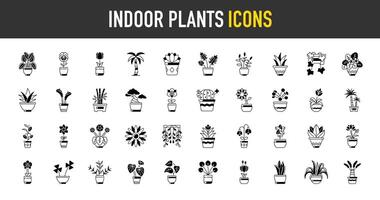 interior plantas en flor maceta íconos colocar. tal como jarrones, araña, Coco, palmera, Violeta, áloe, tulipanes, bambú, bonsái, cactus, dinero planta, jade, jazmín, loto, orquídea, azafrán icono ilustración. vector