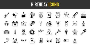 Happy birthday party icon set. Such as celebration, anniversary, congratulation, cake, gift, decoration, guitar, disco, balloons, hat, crown, card game, ice cream, cocktail, alarm clock, perfume vector