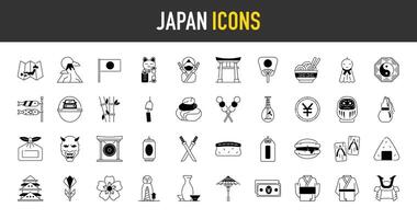 Japón icono colocar. tal como maneki neko, viento campanadas, mapa, beneficio, onigiri, fuji montaña, kabuki, casco, piedras, Sushi, daruma, bambú, moneda, dango, beber, obtener una, gong, katana íconos ilustración. vector