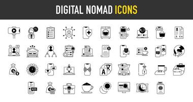 Digital nomad Icons set. Such as content, list, translator, vlog, hotspot, accessibility, b2b, income, social media, online, shop, budget, brief, management, marketing illustration vector