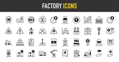 Factory and industry icon set. Such as iso, premium quality, clock, container, crane, machine, monitor, barrel, generator, truck, danger, energy, security helmet, conveyor belt siren icon vector