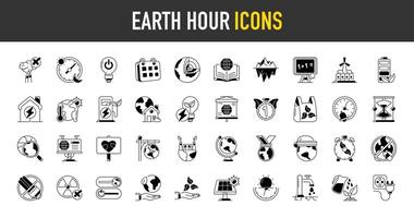 Earth hour icons set. Suh as climate change, ecology, green energy, park, weather, global warming, renewable energy, greenhouse, melting ice, earth pollution, emission, battery illustration vector
