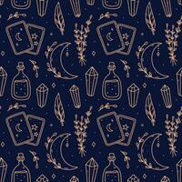 Seamless pattern with gold magic doodles on blue background -herbs, crescent moon, gemstones, tarot cards, potion. hand-drawn illustration. Perfect for print, wallpaper, decorations. vector