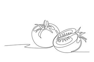 Single one line drawing of whole and sliced healthy organic tomatoes for farming logo identity. Fresh tropical vegetable for veggie garden icon. Continuous line draw design graphic illustration vector