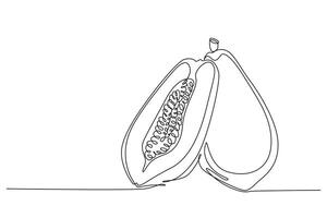 Single continuous line drawing half sliced and whole healthy organic papayas for orchard logo. Fresh summer fruitage concept fruit garden icon. Dynamic one line draw graphic design illustration vector