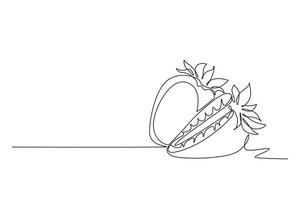 Single one line drawing whole and sliced healthy organic strawberry for orchard logo identity. Fresh berry concept for fruit garden icon. Modern continuous line draw design graphic illustration vector