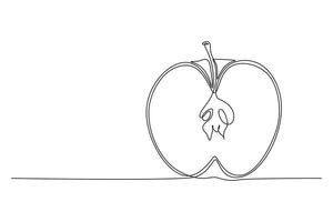 Single continuous line drawing half slice healthy organic apple for orchard logo identity. Fresh summer fruitage concept for fruit garden icon. Dynamic one line draw graphic design illustration vector