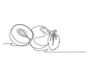 Single one line drawing of whole and sliced healthy organic plum for orchard logo identity. Fresh fruitage concept for fruit garden icon. Modern continuous line draw design graphic illustration vector