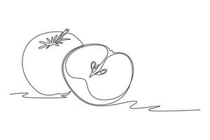 Single one line drawing sliced and whole healthy apples organic for orchard logo. Fresh tropical fruitage concept for fruit garden icon. Modern continuous line draw design graphic illustration vector
