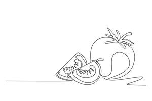 Single one line drawing whole and slice healthy organic tomatoes for farming logo identity. Fresh tropical vegetable concept for veggie garden icon. Continuous line design graphic illustration vector