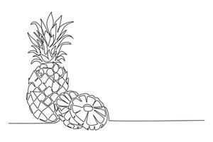 Single one line drawing whole healthy pineapple organic for orchard logo identity. Fresh summer fruitage concept for fruit garden icon. Modern continuous line draw design graphic illustration vector