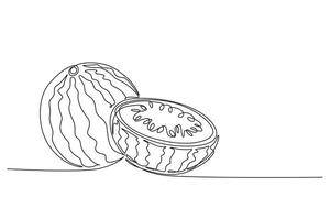 Continuous one line drawing of sliced and whole healthy organic watermelon for orchard logo identity. Fresh fruitage concept for fruit garden icon. Single line draw design graphic illustration vector