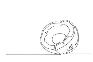 Continuous one line drawing half sliced healthy sweet white organic coconut for orchard logo identity. Fresh fruitage concept for fruit garden icon. Single line draw design graphic illustration vector