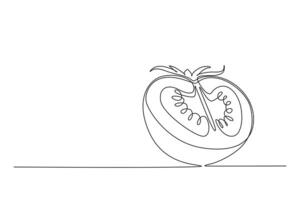 Single one line drawing half sliced healthy organic tomato for farming logo identity. Fresh tropical vegetable concept for veggie garden icon. Continuous line draw design graphic illustration vector