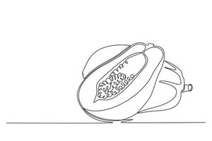 Continuous one line drawing of half sliced and whole healthy organic papayas for orchard logo. Freshness summer fruitage concept fruit garden icon. Single line draw design graphic illustration vector