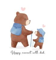 Fathers day bear happy baby and daddy bear hiking together Heartwarming Cartoon Illustration vector