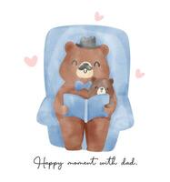 Fathers day bear watercolor happy daddy and baby reading book together on cozy sofa Heartwarming Cartoon Illustration vector