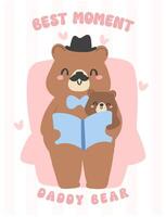 Fathers day bear, children bear reading book with daddy on cozy sofa Heartwarming Cartoon Illustration vector