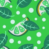 Mojito seamless pattern with lime, mint leaves and bubbles on green background vector