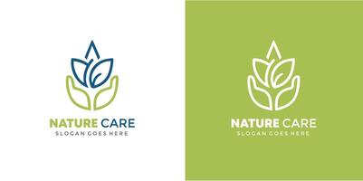 nature care logo with leaf and hand illustration Free SVG vector