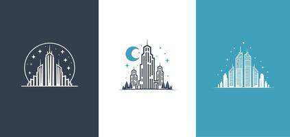 City building logo or skyscraper decorated with stars in linear design illustration Pro style vector