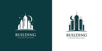 City building logo or skyscraper decorated with stars in linear design illustration Pro style vector