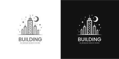 City building logo or skyscraper decorated with stars in linear design illustration Pro style vector