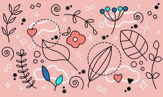 Simple floral outlines doodles on pink background vector